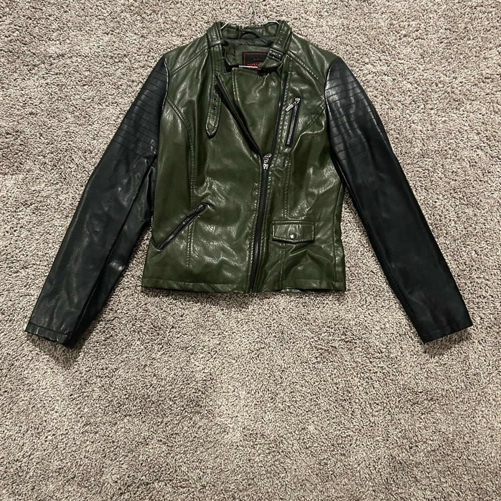 Green leather jacket with black sleeves